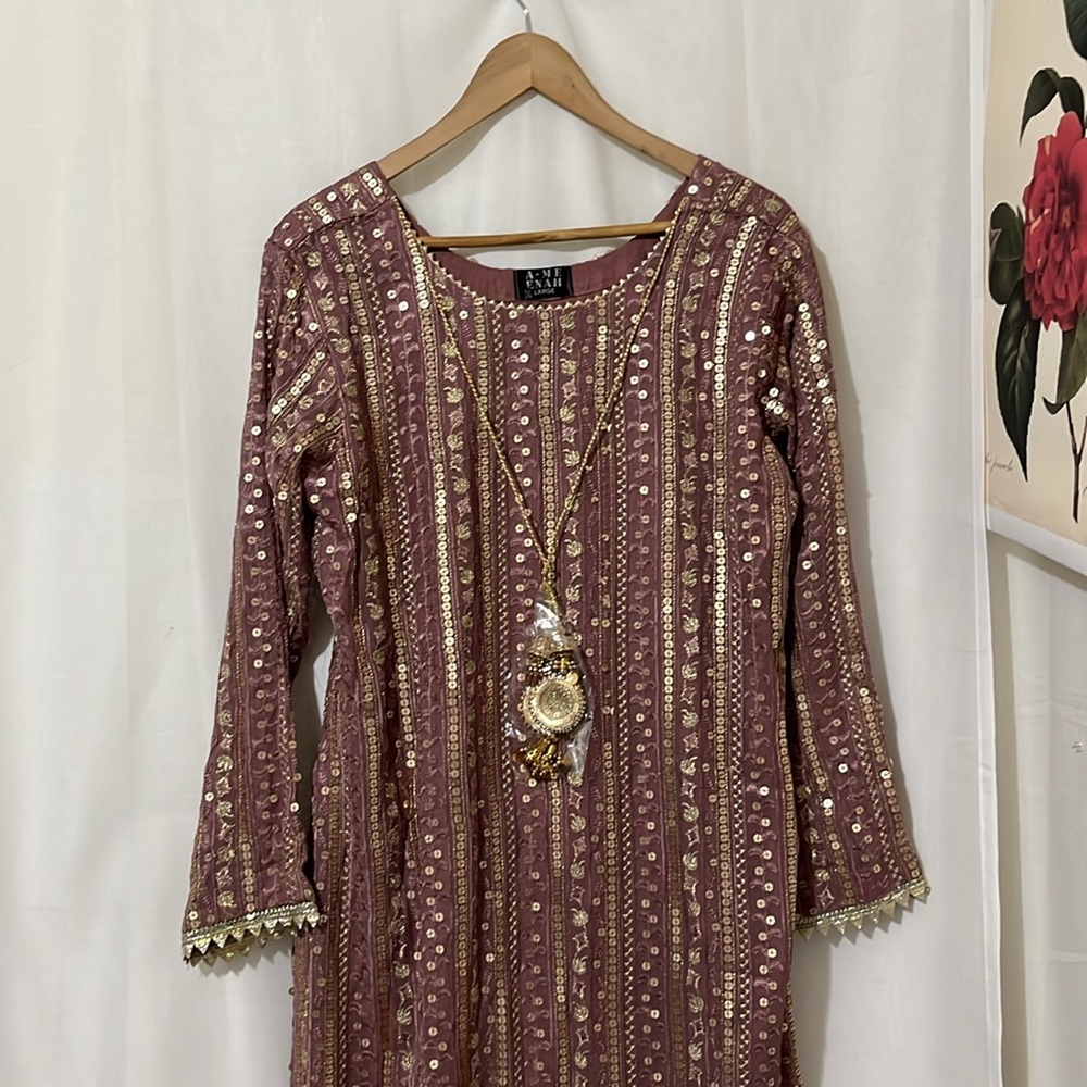NWT A-MEENAH Modest Embroidered Pink and Gold Long Sleeve Dress Necklace a130 - Picture 2 of 6